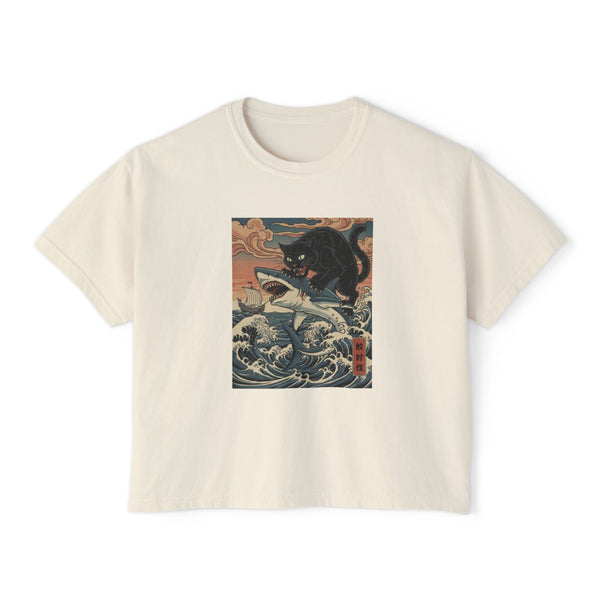 Miso-Funny The Great Wave of Cat Crop T-shirt