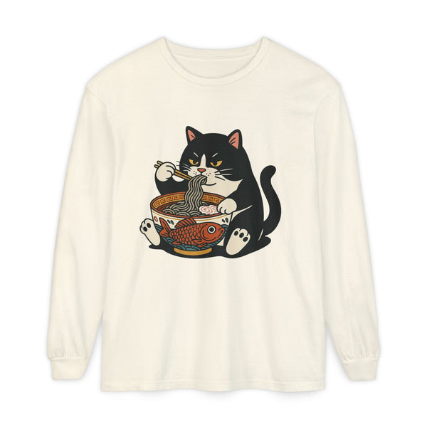 Miso-Funny Fat Cat Eating Ramen Long Sleeve T-Shirt